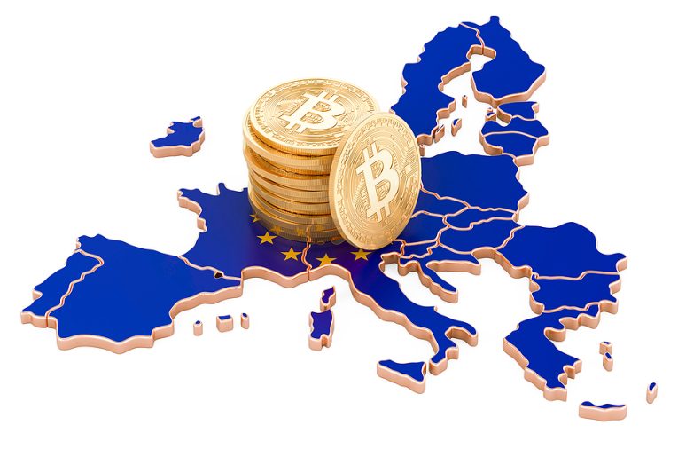 Bitcoin Cryptocurrency In The European Union, 3d Rendering Isola